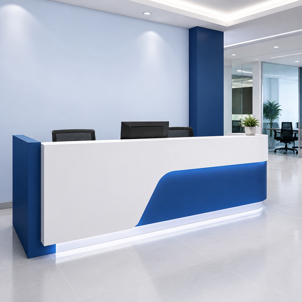 Recepção comercial com balcão sob medida e acabamento profissional